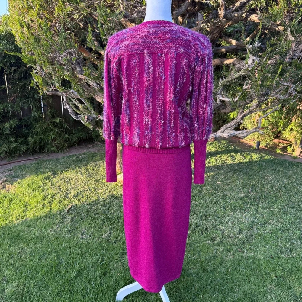 Jessica Knits Two Piece Skirt Set Magenta Metallic Sparkle Knit Midi Medium VTG - Picture 15 of 16